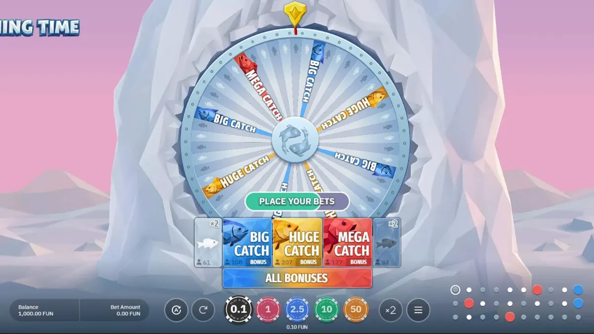 Interface do jogo Fishing Time com a roda de bônus e cenário nórdico